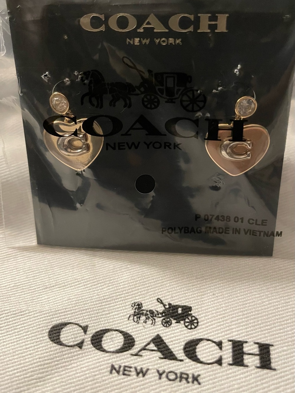 Coach Gold Heart C Logo Drop Earrings with Crystal Stud - Picture 3 of 3